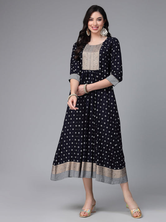 Stylum Women's Floral Printed Rayon Flared Kurta (NAVYSIGMA)