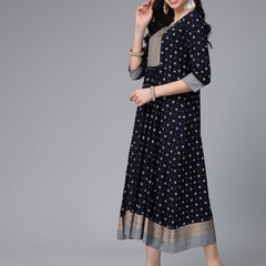 Stylum Women's Floral Printed Rayon Flared Kurta (NAVYSIGMA)