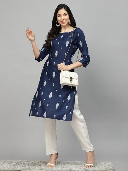 Stylum Women's Printed Rayon Straight Kurta (NAVYTILAK)