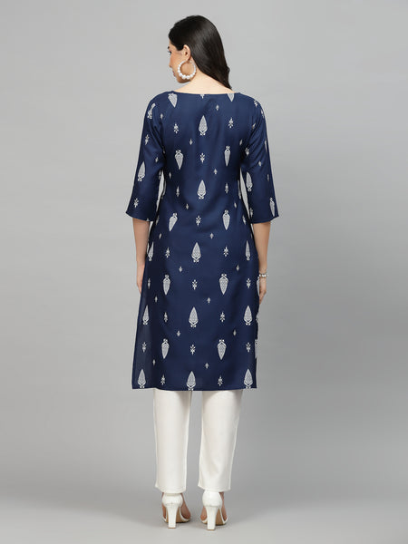 Stylum Women's Printed Rayon Straight Kurta (NAVYTILAK)