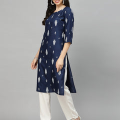 Stylum Women's Printed Rayon Straight Kurta (NAVYTILAK)