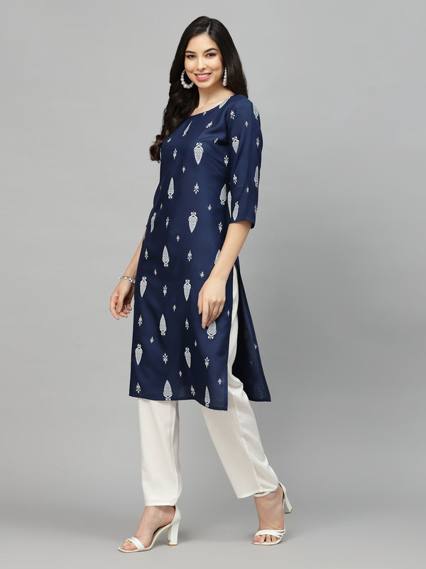 Stylum Women's Printed Rayon Straight Kurta (NAVYTILAK)