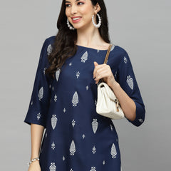 Stylum Women's Printed Rayon Straight Kurta (NAVYTILAK)
