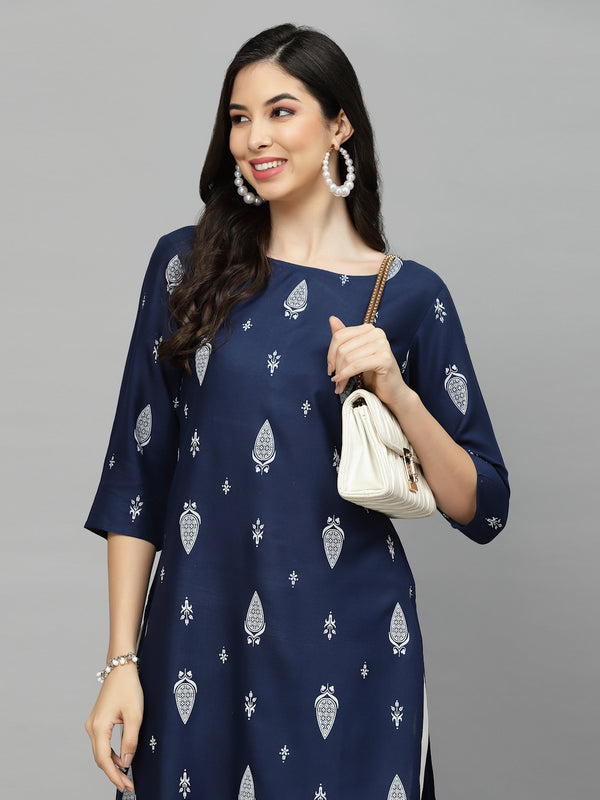 Stylum Women's Printed Rayon Straight Kurta (NAVYTILAK)