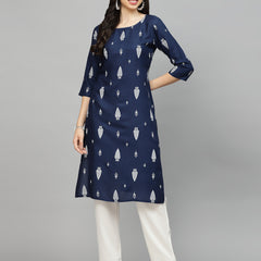 Stylum Women's Printed Rayon Straight Kurta (NAVYTILAK)