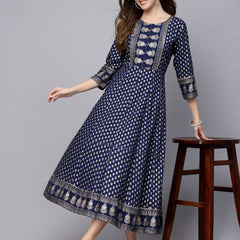Stylum Women's Gold Printed Rayon Anarkali Kurta (NAVYVISTARA)