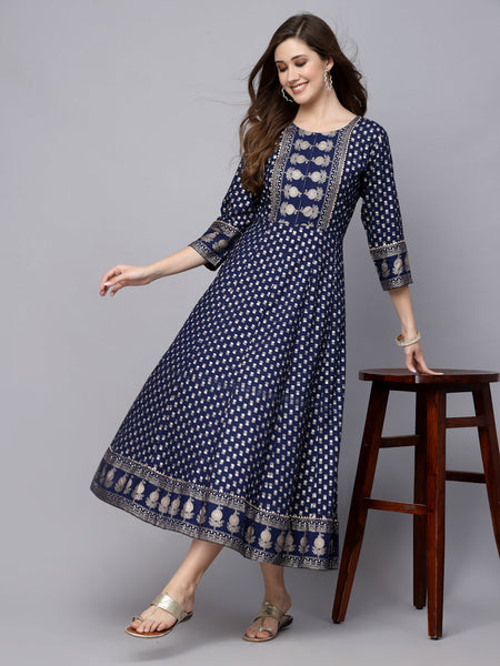 Stylum Women's Gold Printed Rayon Anarkali Kurta (NAVYVISTARA)
