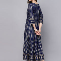 Stylum Women's Gold Printed Rayon Anarkali Kurta (NAVYVISTARA)