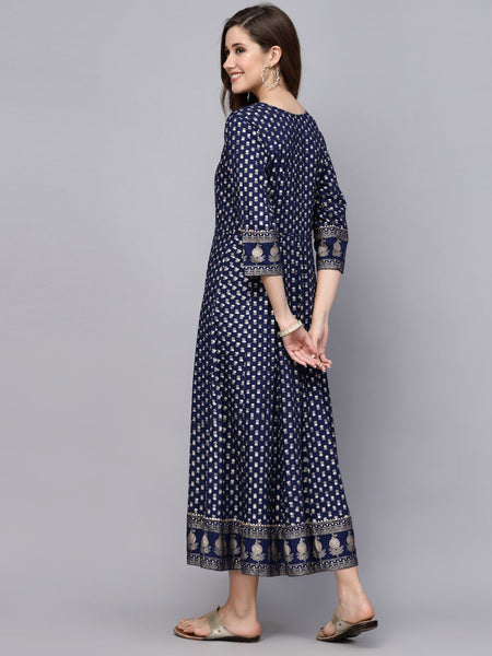 Stylum Women's Gold Printed Rayon Anarkali Kurta (NAVYVISTARA)