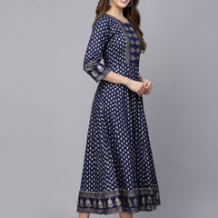 Stylum Women's Gold Printed Rayon Anarkali Kurta (NAVYVISTARA)