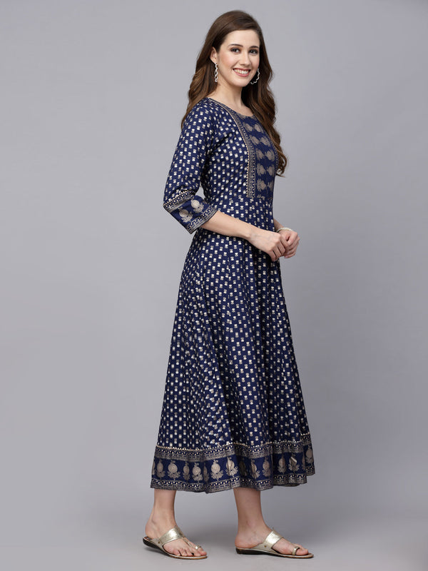 Stylum Women's Gold Printed Rayon Anarkali Kurta (NAVYVISTARA)