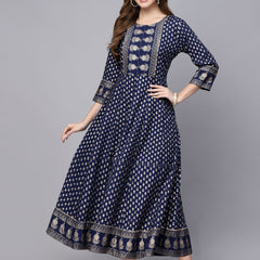 Stylum Women's Gold Printed Rayon Anarkali Kurta (NAVYVISTARA)