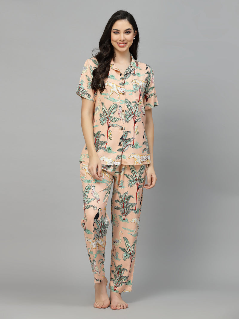 Stylum Women's Animal Rayon Printed Night Suit (NISTLIONPEACH)