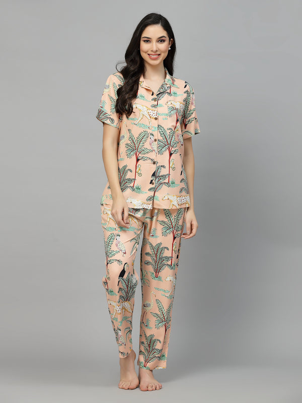 Stylum Women's Animal Rayon Printed Night Suit (NISTLIONPEACH)
