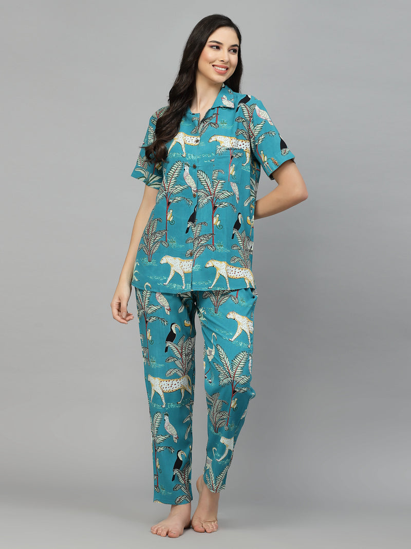 Teal Rayon Printed Night Suit