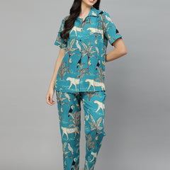 Teal Rayon Printed Night Suit