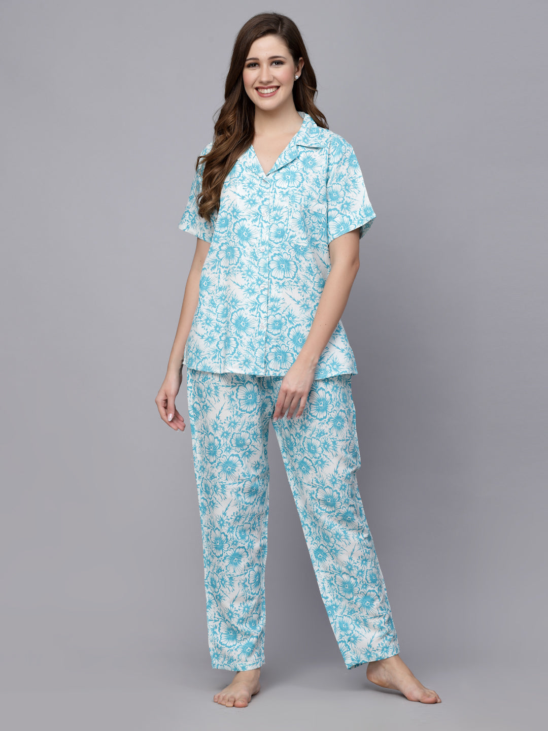 Blue Floral Printed Rayon Night Suit