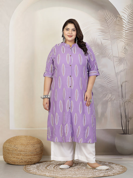 Stylum Plus Size Women Block Printed Rayon A-Line Kurta (NOMIPURPLEPLUS)