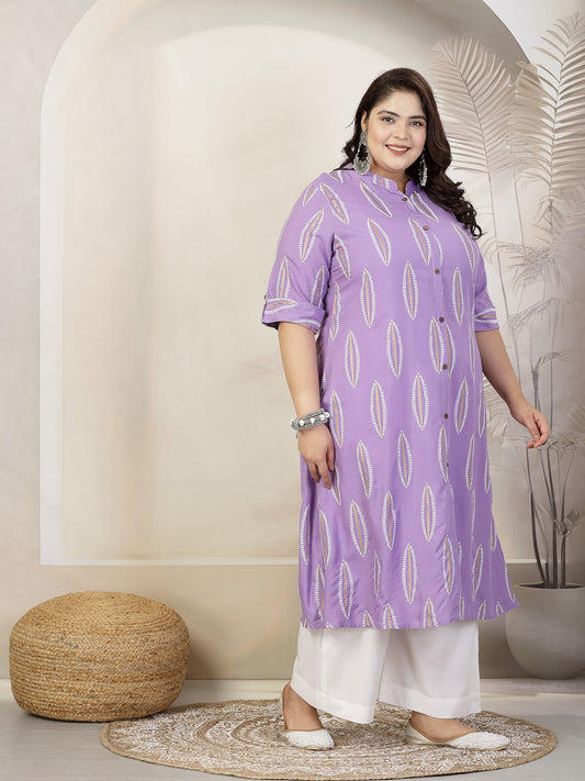 Stylum Plus Size Women Block Printed Rayon A-Line Kurta (NOMIPURPLEPLUS)