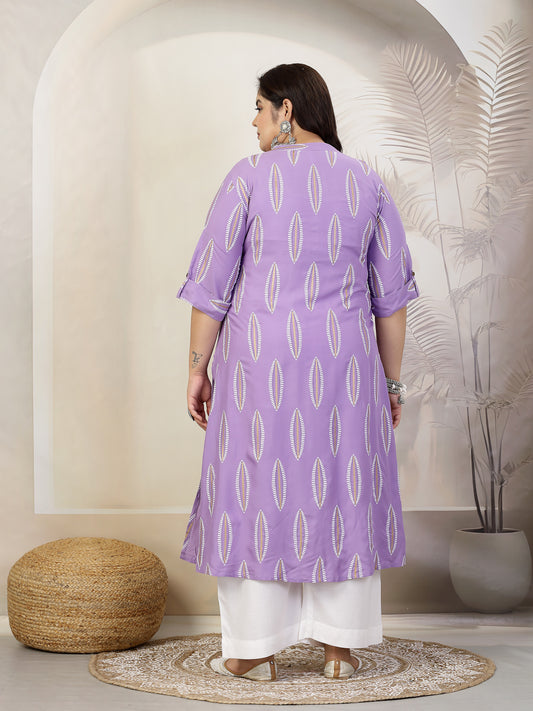 Stylum Plus Size Women Block Printed Rayon A-Line Kurta (NOMIPURPLEPLUS)