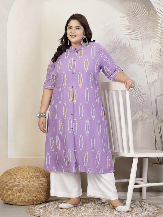 Stylum Plus Size Women Block Printed Rayon A-Line Kurta (NOMIPURPLEPLUS)