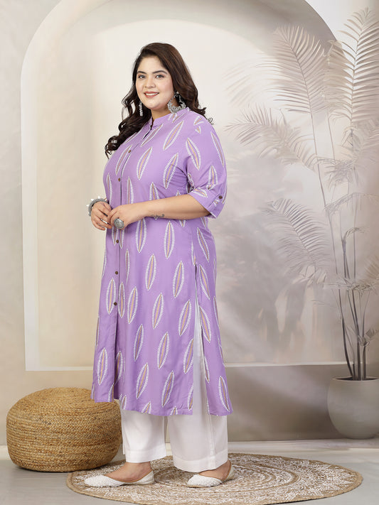 Stylum Plus Size Women Block Printed Rayon A-Line Kurta (NOMIPURPLEPLUS)