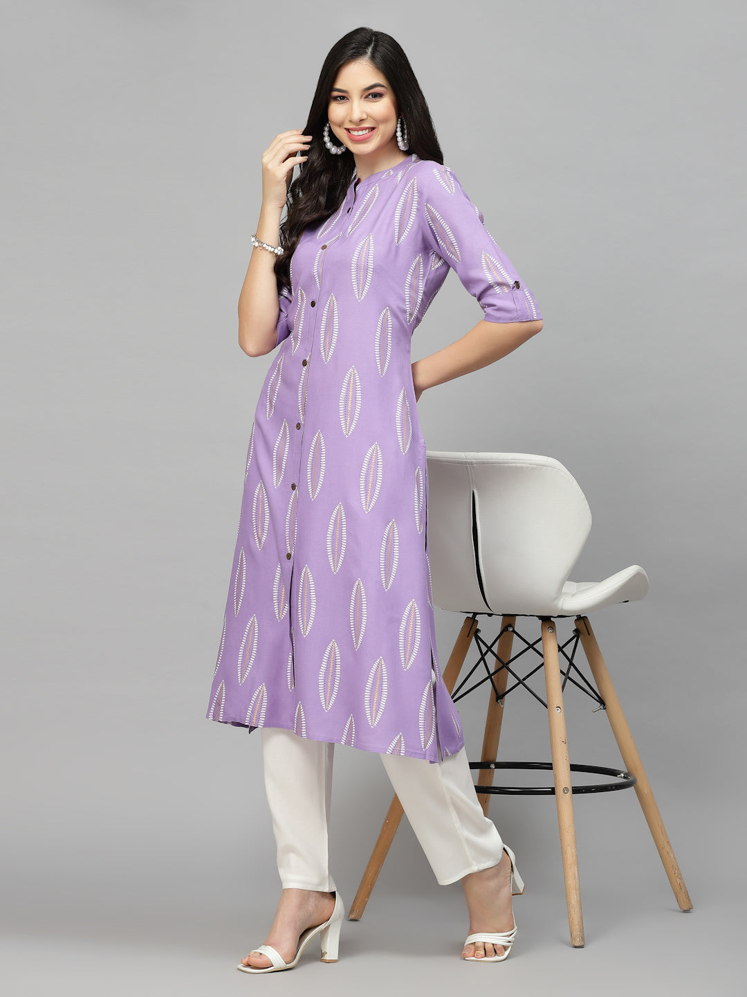 Purple Printed Rayon A-Line Kurta