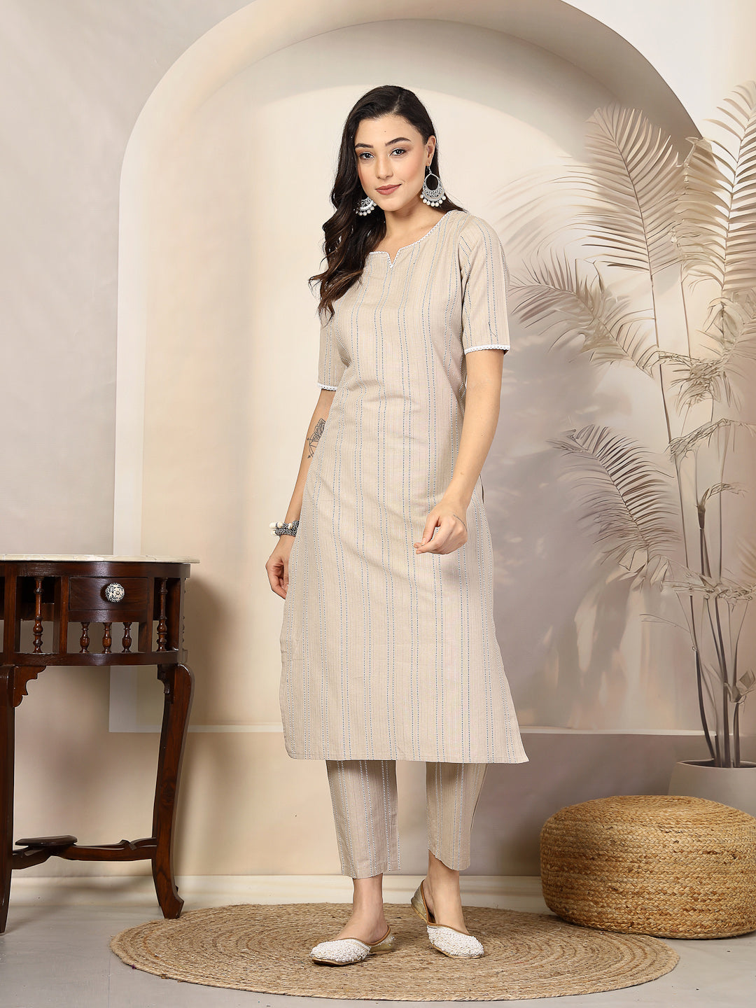 Stylum Women's Self Woven Striped Cotton Blend Straight Kurta Pant Set (NOORIBEIGE)