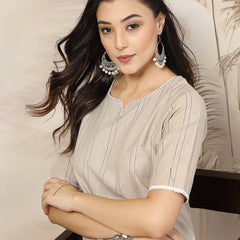 Stylum Women's Self Woven Striped Cotton Blend Straight Kurta Pant Set (NOORIBEIGE)