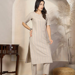 Stylum Women's Self Woven Striped Cotton Blend Straight Kurta Pant Set (NOORIBEIGE)