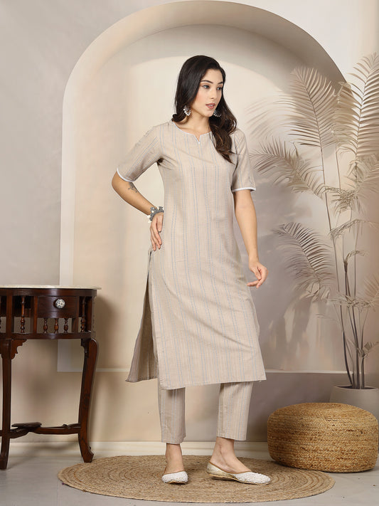 Stylum Women's Self Woven Striped Cotton Blend Straight Kurta Pant Set (NOORIBEIGE)