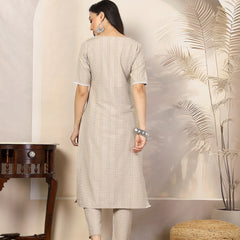 Stylum Women's Self Woven Striped Cotton Blend Straight Kurta Pant Set (NOORIBEIGE)