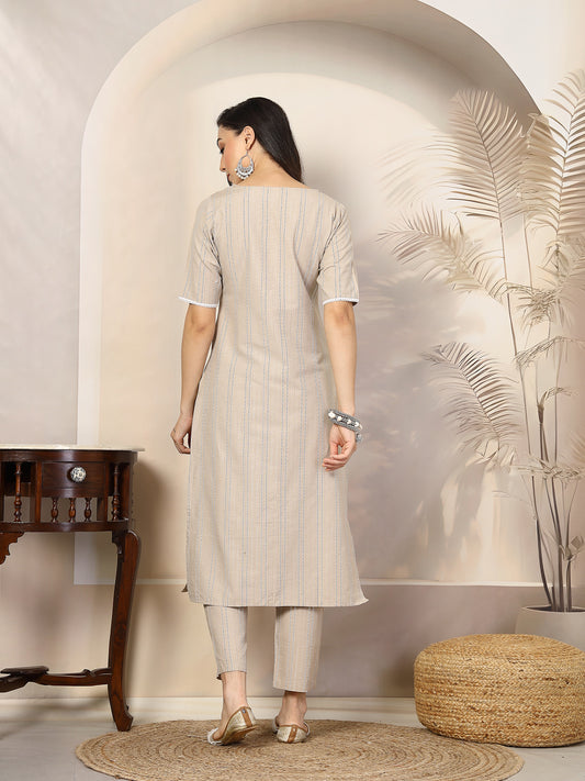 Stylum Women's Self Woven Striped Cotton Blend Straight Kurta Pant Set (NOORIBEIGE)