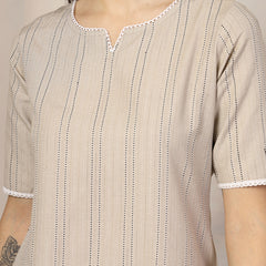 Stylum Women's Self Woven Striped Cotton Blend Straight Kurta Pant Set (NOORIBEIGE)