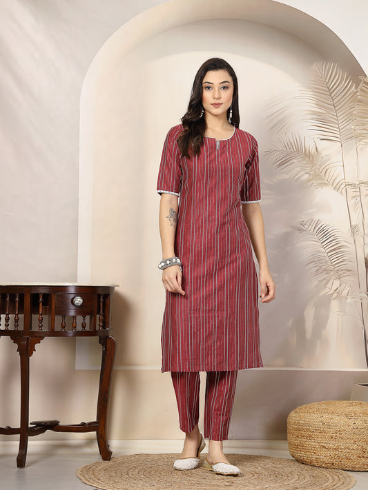 Stylum Women's Self Woven Striped Cotton Blend Straight Kurta Pant Set (NOORIROSE)