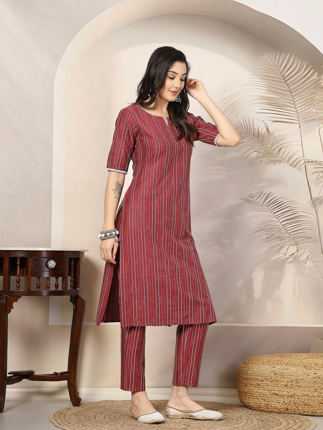 Stylum Women's Self Woven Striped Cotton Blend Straight Kurta Pant Set (NOORIROSE)