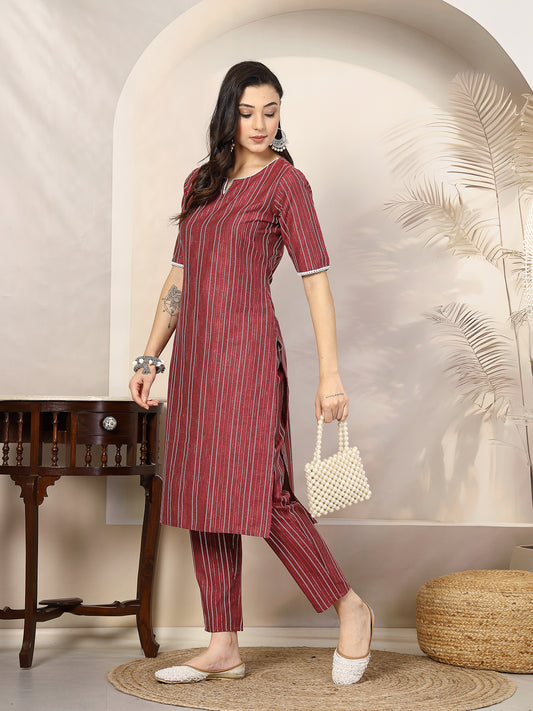 Stylum Women's Self Woven Striped Cotton Blend Straight Kurta Pant Set (NOORIROSE)