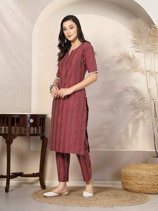 Stylum Women's Self Woven Striped Cotton Blend Straight Kurta Pant Set (NOORIROSE)