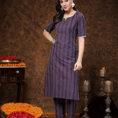 Stylum Women's Self Woven Striped Cotton Blend Straight Kurta Pant Set (NOORIWINE)