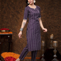 Stylum Women's Self Woven Striped Cotton Blend Straight Kurta Pant Set (NOORIWINE)
