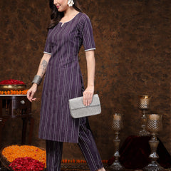 Stylum Women's Self Woven Striped Cotton Blend Straight Kurta Pant Set (NOORIWINE)