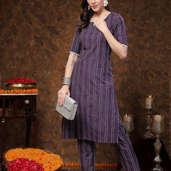 Stylum Women's Self Woven Striped Cotton Blend Straight Kurta Pant Set (NOORIWINE)