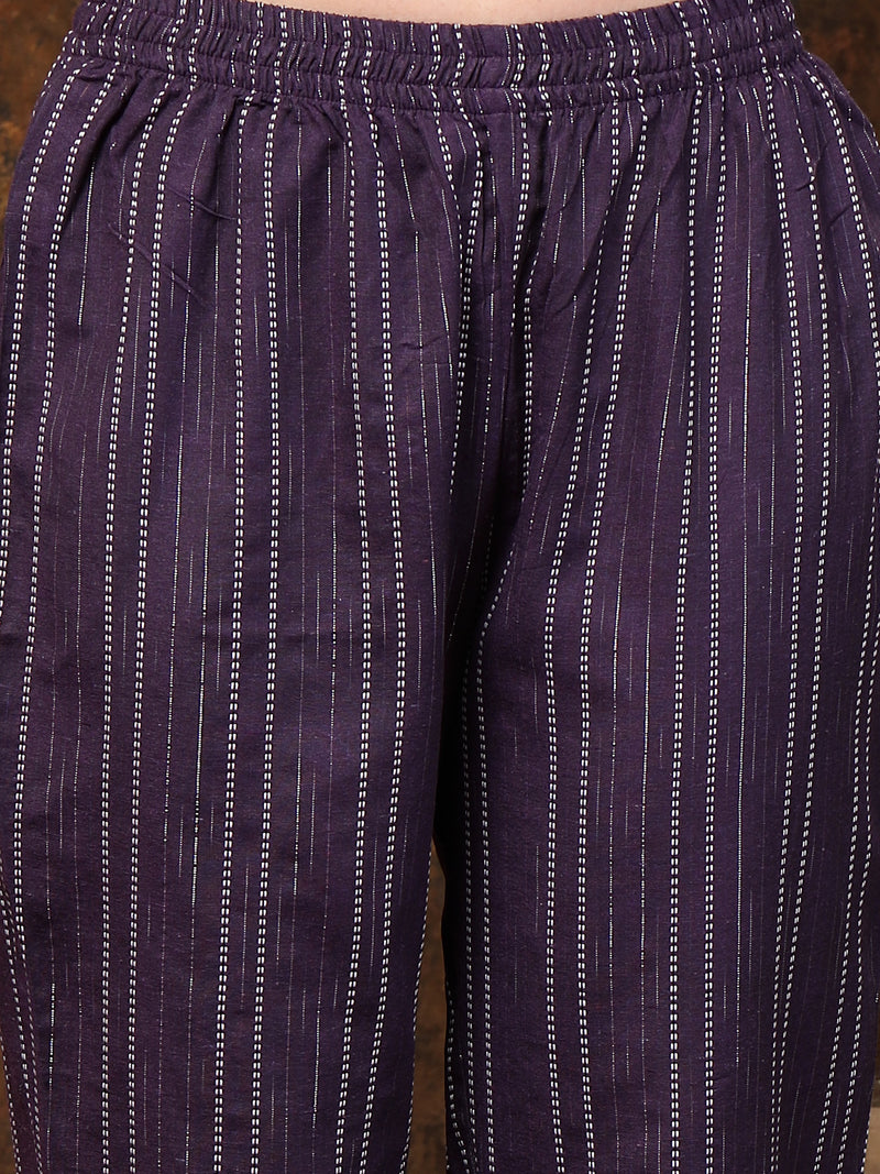 Stylum Women's Self Woven Striped Cotton Blend Straight Kurta Pant Set (NOORIWINE)