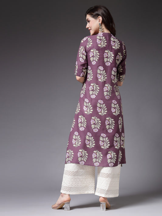 Stylum Women's Printed Rayon A-Line Kurta (NORAMAUVE)