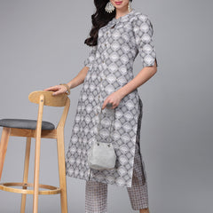 Stylum Women's Printed Cotton Blend Kurta Pant Set (NORWAYGREY)