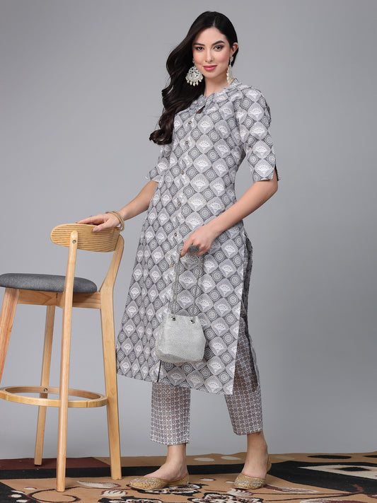 Stylum Women's Printed Cotton Blend Kurta Pant Set (NORWAYGREY)