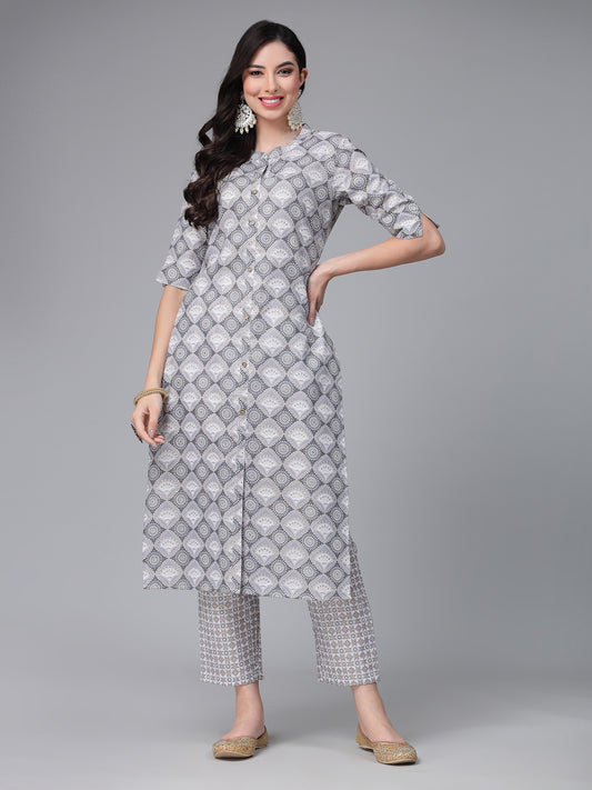 Stylum Women's Printed Cotton Blend Kurta Pant Set (NORWAYGREY)