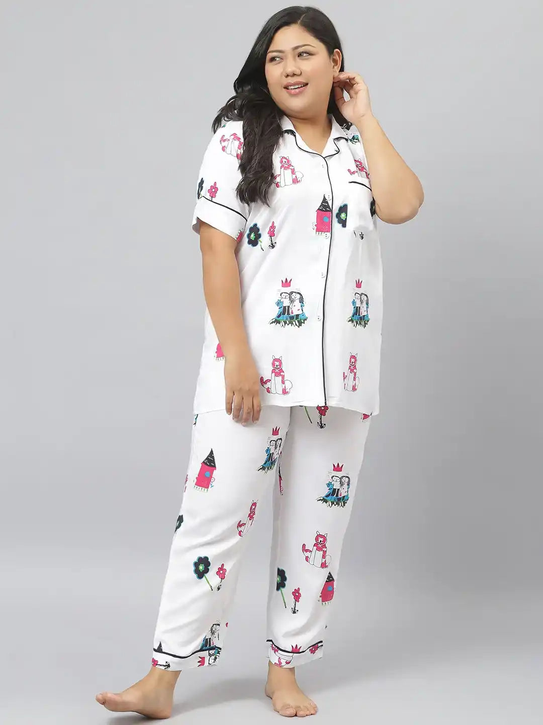 Collared Nightwear Set With Piping Detail | Night suit For Women