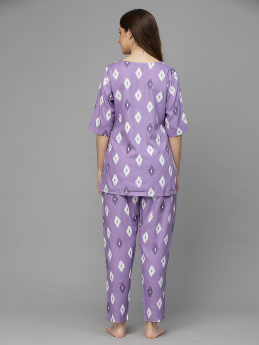 Stylum Women's Ikat Print Rayon Night Suit Set (NIST004PURPLE)