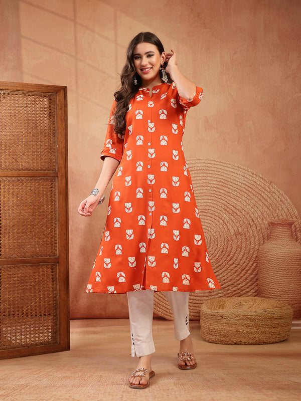 Stylum Women's Orange Floral Printed Rayon A-Line Kurta (ORANGECRAFT)